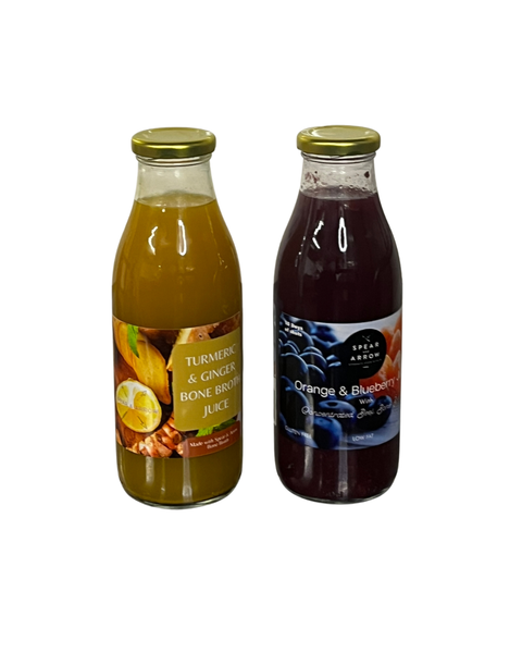 Turmeric and Ginger Bone Broth Juice and 500ml Orange and Blueberry Bone Broth Juice