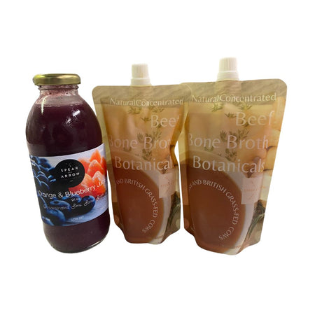 Bone Broth with Botanicals x 2 and Orange & Blueberry Bone Broth Juice