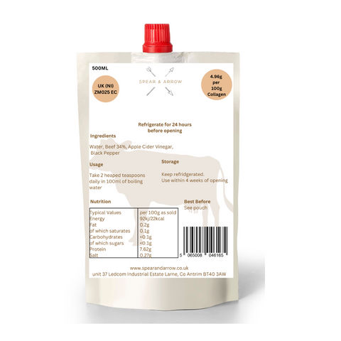 Larger Pouch Natural Beef Bone Broth (500ml) Plain & Turmeric and Gingetr Bone Broth Juice