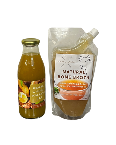 Larger Pouch Natural Beef Bone Broth (500ml) Plain & Turmeric and Gingetr Bone Broth Juice