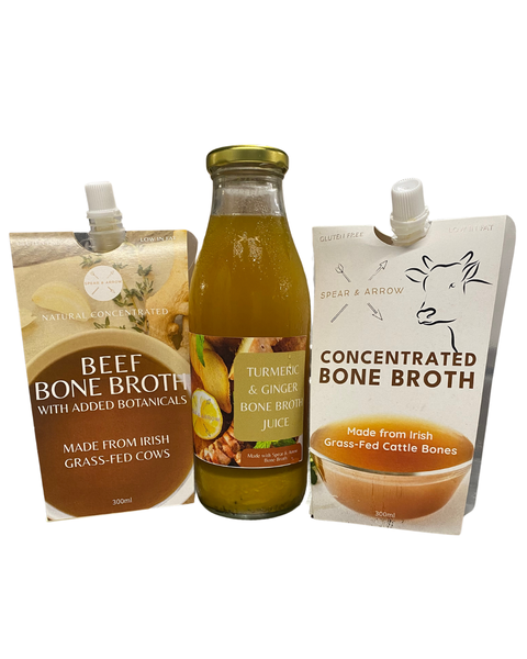 bottle of turmeric shots with 2 pouchesof bone broth