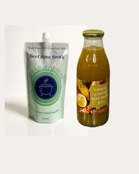 Natural Beef Bone Broth (700ml) Plain & Turmeric and Gingetr Bone Broth shots