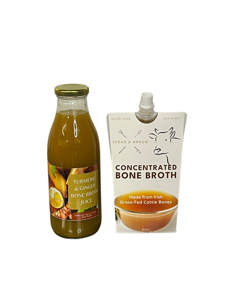 bottle of turmeric juice and pouch of spear and arrow bone broth