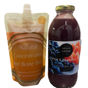 Blueberry Bone Broth Juice, one plain one orange and blueberry juice