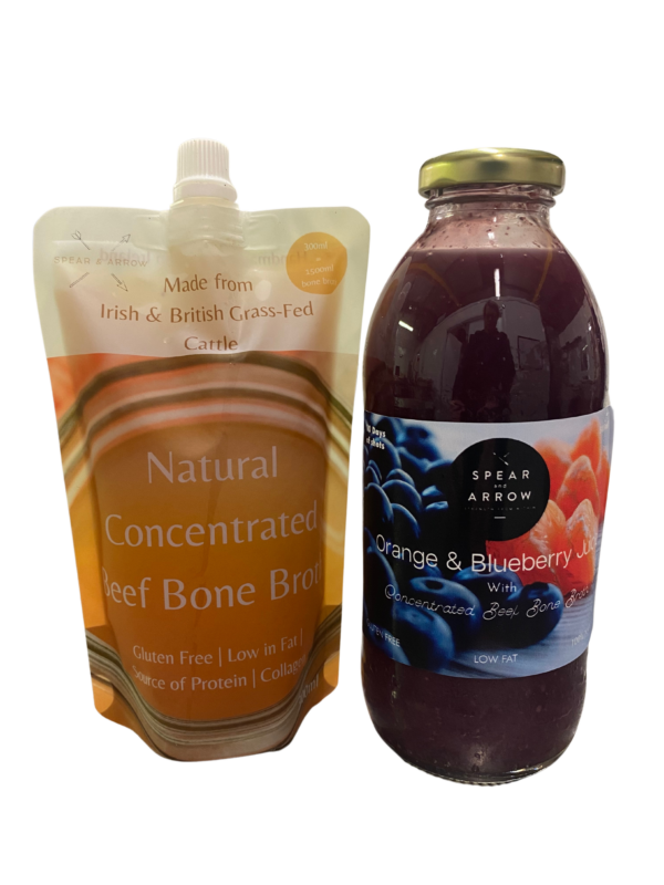 Blueberry Bone Broth Juice, one plain one orange and blueberry juice